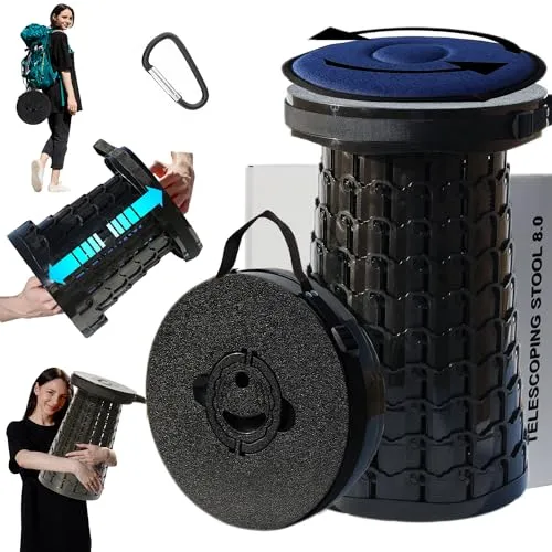 ALEVMOOM Verbesserter Dickerer Zusammenklappbarer Hocker,Teleskophocker mit Kissen, Einziehbarer Klapphocker für Erwachsene zum Campen im Freien und Angeln, Höhe 50cm, Maximale Belastung 450kg