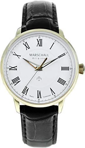 Marschall Original Herren Armbanduhr I Clasico ORO Blanc I Klassische Funkuhr mit schwarzem Lederarmband I Lumineszierende Zeiger I Modern und leistungsstark