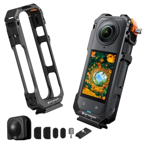K&F Concept Käfig Kamerakäfig für Insta360 X5, Aluminiumlegierung Schutzgehäuse mit Silikon Objektivabdeckung, Rahmen mit 2 Cold Shoe Halterungen für Mikrofon und Led, Built-in 1/4