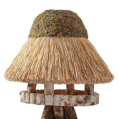 VOSS.garden Vogelhaus mit Reetdach Föhr - XL rundes Futterhaus, 75cm aus robustem Birkenholz, witterungsbeständig und handgedeckt für Wildvögel
