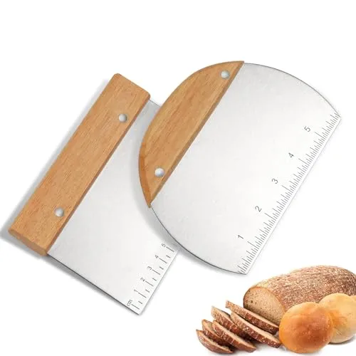 Stück Teigschaber Edelstahl, Teigschaber mit Holzgriff, Teigkarte, Küchenschaber, Lebensmittelqualität Teigschneider, Küchenspachtel, Gebäckschaber für Brotschneiden, Kuchen, Pizza 2