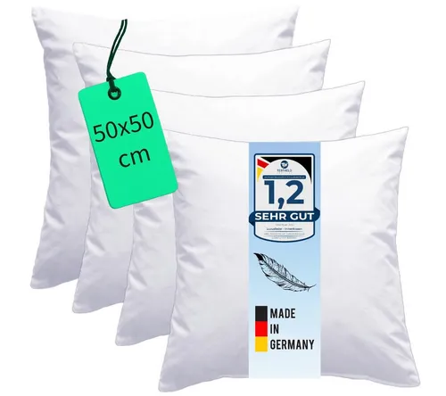 Luxusfeder Kissenfüllung 4er Set 50x50 cm – Gemütliche Sofakissen - Stützende Kissenfüllung 50x50 cm für optimalen Komfort auf Sofa und Bett. Ideal zum Entspannen, Lesen oder als Dekoration. Hergestellt in Deutschland und pflegeleicht bei 40°C.