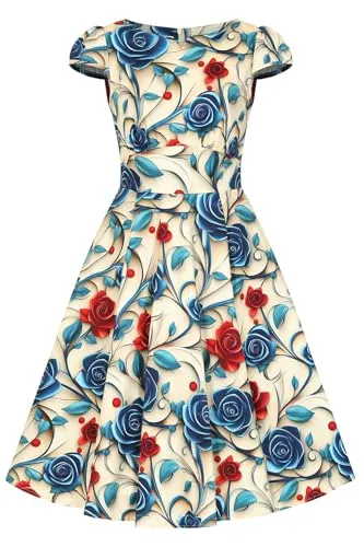Hearts & Roses London Swing Kleid Elowen Floral - Vintage Retro Fit-N-Flare Kleid in Größe S mit U-Boot Ausschnitt und charmantem Blumenmuster. Praktische Taschen und Reißverschluss im Rücken sorgen für einen stilvollen Auftritt.