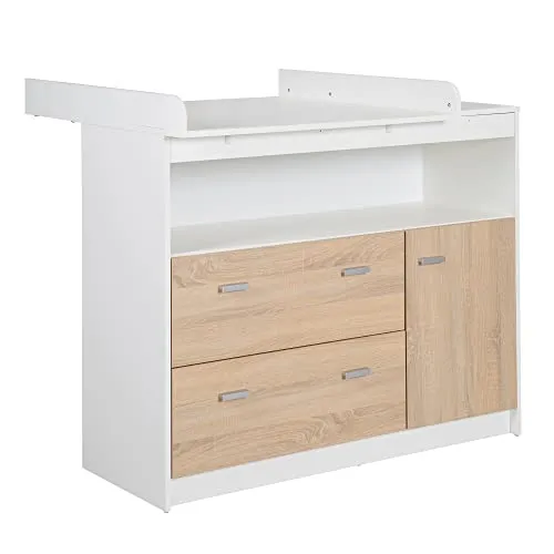 roba Wickelkommode Gabriella mit Wickelansatz - Wickeltisch in Weiß mit 2 Schubladen und 1 Tür, bietet komfortable Wickelhöhe von 90 cm und viel Stauraum für Hygieneartikel und Windeln.
