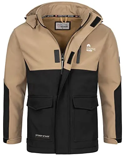 Arctic Seven Herren Softshell Outdoor Jacke Wasserabweisende Funktionsjacke Windbreaker AS303 [AS-303-Beige-Schwarz-Größe XXL-Gr.2XL]