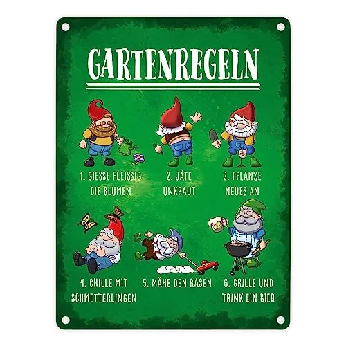 Gartenregeln Metallschild in 15x20 cm mit lustigen Gartenzwergen als schöne Gartendekoration für Terrasse und Garten um deinen Gästen ein Lächeln ins Gesicht zu zaubern grüner