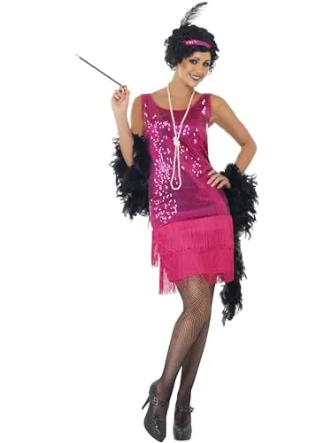Smiffys Funtime Flapper Kostüm in Knallrosa - Damenkostüm für Karneval und Halloween, inklusive schickem Kleid mit Pailletten, Kopfschmuck und Halskette. Perfekt für tolle Partys, leichtes Material für hohen Tragekomfort und einfaches An- und Ausziehen.
