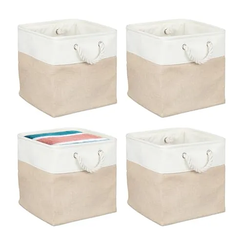 Relaxdays Aufbewahrungskorb 4er Set - Regalkörbe aus Leinen mit Seilgriffen, ideal für Spielzeug und Kleidung, faltbar und platzsparend, Maße je Korb: 30x30x30 cm.