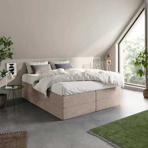 Home Collective Boxspringbett Polsterbett Bett wählbare Matratze Bonnell H2, Micro-Velours, platzsparend ohne Kopfteil | 160x200 | Beige