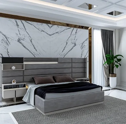 Stilvolles graues Schlafzimmer mit Beleuchtung und Design-Nachttischen - Elegantes Schlafzimmer-Set für Erwachsene, bestehend aus einem modernen Polsterbett und zwei Design-Nachttischen. Hochwertige Verarbeitung in Grau, ideal für eine stilvolle Einrichtung.