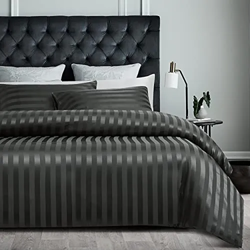 Damier Satin Bettwäsche 135x200cm Grau Seidig glänzend gestreift Bettwäsche Set hochwertiges Luxus Glanzsatin Bettbezug mit verdecktem Reißverschluss - 135 × 200 cm + 80 × 80 cm