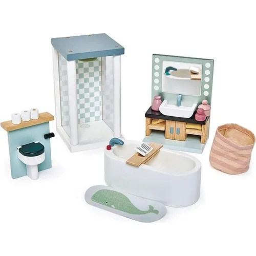 Tender Leaf Dovetail Bathroom Set - 16-teiliges Puppenhaus-Möbel Set aus Holz - Hochwertiges 16-teiliges Badezimmer-Set für Puppenhäuser im Maßstab 1:12. Nachhaltig aus Gummibaumholz gefertigt, ideal für kreative Rollenspiele und umweltbewusste Familien.
