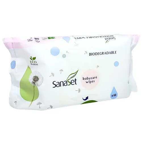 SanaSet Baby Feuchttücher - sanftes Toilettenpapier/Spucktücher mit Aloe Vera, Kamille & Olivenöl für empfindliche Haut - biologisch abbaubar, nachhaltig aus 100% Naturfasern (60 Stk (1er Pack))