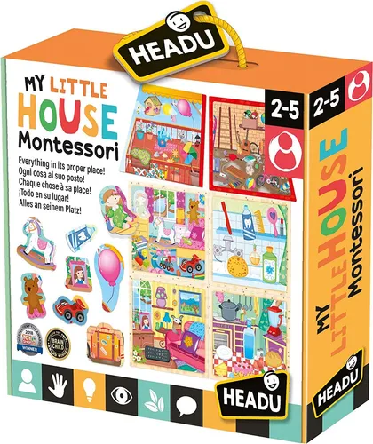 Montessori Moj Maly domek - Puppenhaus nach Montessori-Pädagogik, fördert Autonomie und Selbstvertrauen, ideal für Kinder von 2-5 Jahren mit 6 Spielsteinen und 30 passenden Objekten.