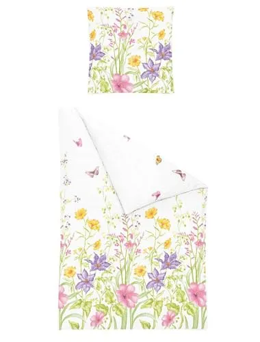 BIERBAUM Seersucker Bettwäsche 3337-02 mit Blumen und Schmetterlingen - Bettwäsche-Set 2-teilig in 135x200 cm, aus 100% Baumwolle, pflegeleicht und ideal für eine erholsame Nacht mit fröhlichem Blumenmuster.