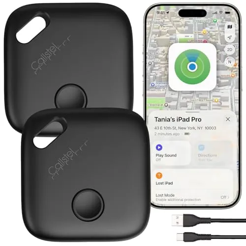 Callstel Mini Tracker: 2er-Set Akku-Gegenstandsfinder für Wo ist? von Apple, USB-C-Ladung (Tracker mit Akku, Schlüssel Finder wasserdicht)