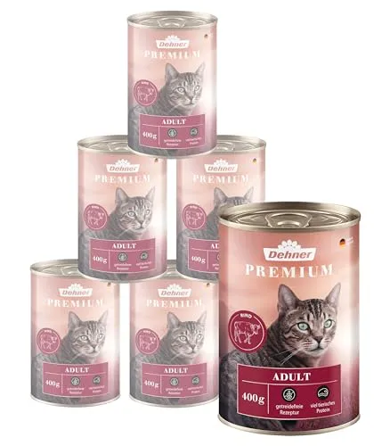 Dehner Premium Katzenfutter, Nassfutter getreidefrei, für ausgewachsene Katzen, Rind, 6 x 400 g Dose (2.4 kg)