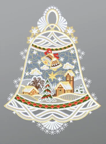 Plauener Spitze® Fensterbild Glocke mit Winterszene, HxB 26x19cm