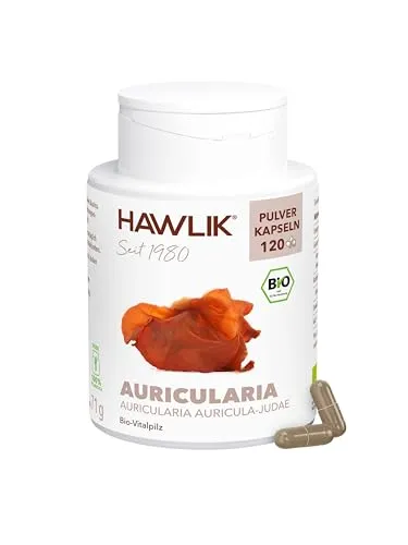 HAWLIK Vitalpilze Auricularia Pulver Kapseln - 120 Kapseln - 500 mg Vitalpilz Pulver - Natürlicher Anbau - Vegan - Zuckerrohr-Dose