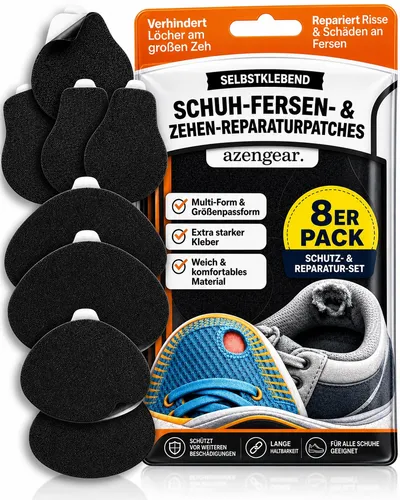 Schuhfersen Reparatur & Großzehen Lochschutz Patch-Set, 8 Stk, Schwarz | Selbstklebend und langlebig für alle Schuharten