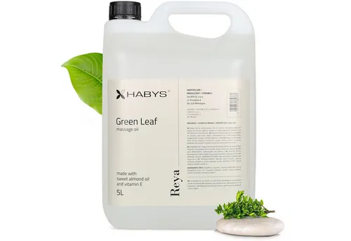 Habys Massageöl REYA Green Leaf – 5L mit grünem Tee Duft - Das Reya Green Leaf Massageöl vereint frischen Duft von grünem Tee und pflegendes Mandelöl. Ideal für mobile und stationäre Anwendungen, hinterlässt es die Haut angenehm geschmeidig.