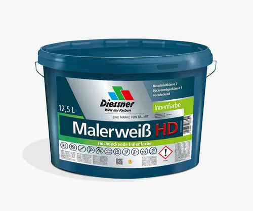 Diessner Malerweiß HD Wandfarbe 12,5L - Hochdeckende Dispersionsfarbe - Innen- & Außenfarben, 12,5L Eimer mit hochdeckender, wasserbasierter Farbe für perfekte Ergebnisse an Wänden und Decken.
