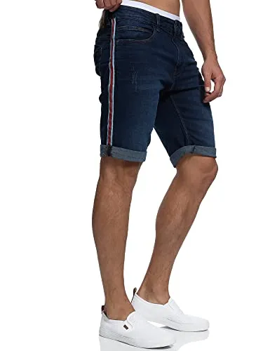 Indicode Herren Fife Jeans Shorts | Sportive Herrenshorts mit 5 Taschen in Dark Blue, XL - Herren-Shorts mit sportiven Streifen-Tapes und hohem Tragekomfort dank hochwertiger Baumwollmischung mit Stretch. Ideal für moderne Styles und aktive Männer!