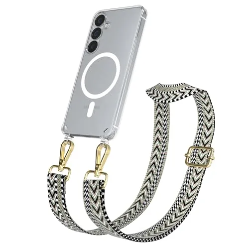 EAZY CASE Handykette - Verstellbares Taschenband kompatibel mit Galaxy S25, Schulterriemen, Handykordel mit Silikon Hülle, Qi Charging kompatibel, Umhängetasche, Grün Schwarz Gold