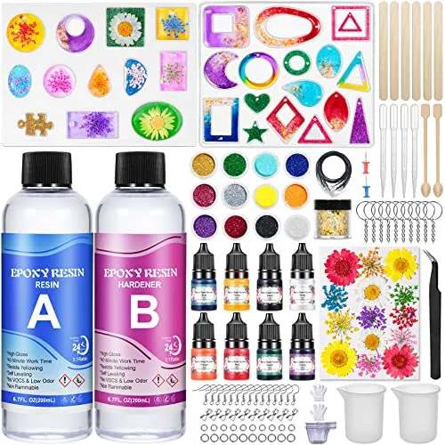 ZOPALY Epoxidharz Set Anfänger 400ml, 1:1 Verhältnis Epoxy Resin Glasklar Harz Gießen Set mit Epoxidharz Formen, Farben, Trockenblumen, Glitzer, für Schmuckherstellung Schlüsselanhänger Anhänger