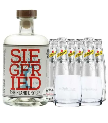 Siegfried Rheinland Dry Gin Set mit 6 x Schweppes Dry Tonic & Gläser
