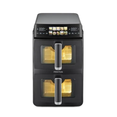 PRIXTON Vertikale Heißluftfritteuse 10 L mit Doppelkörben 5 L + 5 L, 2600 W, Airfryer ohne Öl mit 2 unabhängigen Körben, Touch-LED-Display, 10 Programme, 80–200 °C, Sichtfenster und Innenbeleuchtung