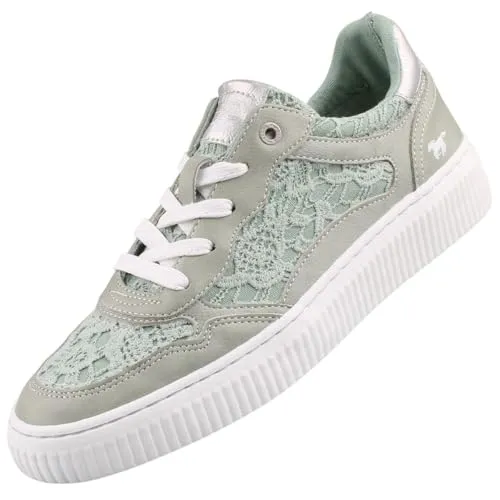 MUSTANG Damen Sneaker Pastellgrün EU 39 - Damen-Sneaker in Pastellgrün aus Kunstleder und Textil, mit trendigem Häkeleinsatz und bequemem Textilinnenfutter für optimalen Tragekomfort.
