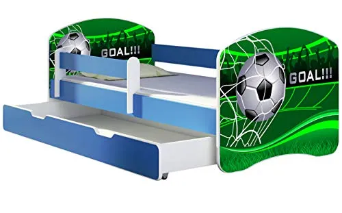 ACMA Kinderbett Jugendbett mit Einer Schublade und Matratze Blau mit Rausfallschutz Lattenrost II 140x70 160x80 180x80 (14 Goal !!!, 160x80 + Bettkasten)