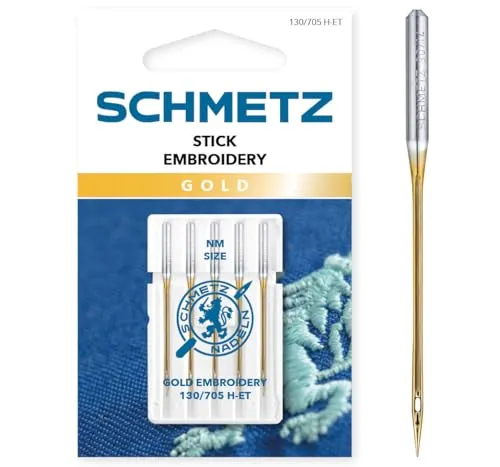 SCHMETZ | 5 Nähmaschinennadeln | Gold Stick (Embroidery) | 130/705 H-ET | Nadeldicke 90/14 | auf jeder gängigen Haushaltsnähmaschine und Haushaltsstickmaschinen einsetzbar
