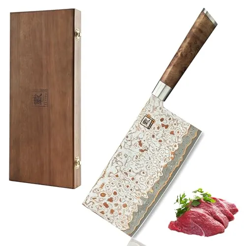 zayiko MysticMagma Chai Dao Damastmesser 17,5 cm – 67 Lagen VG10 Damaststahl mit Kupfer- & Bronze-Einlage – DualCurve Ahornwurzelholzgriff – Profi Kochmesser inkl. Holzbox