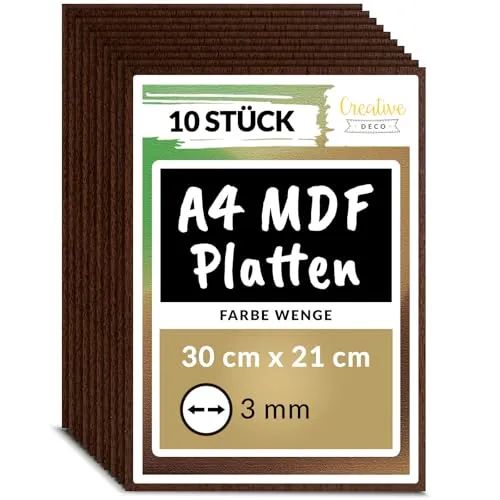 Creative Deco Bastelnaturmaterial A4 MDF Platten, 10-tlg - Dünne Holzplatten für Modellbau, perfekt für Laser und CNC Router, ideal für kreative Bastelprojekte.