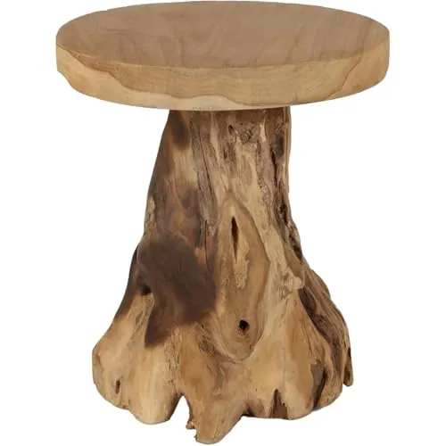 BURI Kleiner Beistelltisch rund 40x45cm aus Teakholz Couchtisch Sofatisch Nachttisch Echtholz unbehandelt Teak Holz Kleiner Tisch Möbel Teakmöbel Pflanzenhocker Blumenhocker rustikal Unikat Baumstamm