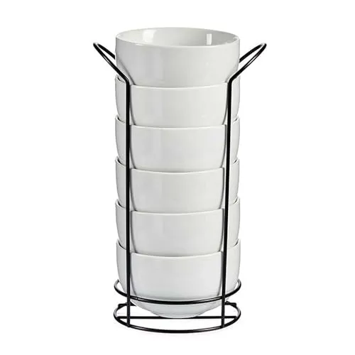San Ignacio Runde weiße Schüssel mit schwarzem Regal 800 ml VESSIA - Suppen-Cerealienschalen mit modernem Design und 800 ml Fassungsvermögen, ideal für Salate, Suppen und Desserts. Hergestellt aus hochwertigem Porzellan und stabilisiert durch ein elegantes schwarzes Metallregal.