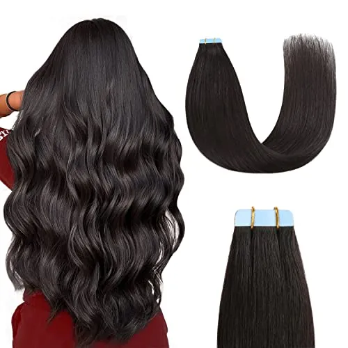 Sunya Tape Extensions Echthaar Natürliches Schwarz Tape in Hair Extensions Echthaar Tape ins Echthaar Haarverlängerungen Invisible Seidig Gerade Skin Weft 35cm 20 Stück 40g/Packung