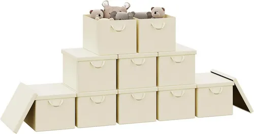 Woltu Aufbewahrungsbox Set (10 St.) - Faltbar & Staubdicht - Praktisches 10er Set Aufbewahrungsboxen in Creme, faltbar und mit staubdichtem Deckel, ideal zur Organisation im Büro, Wohnzimmer oder Kinderzimmer.