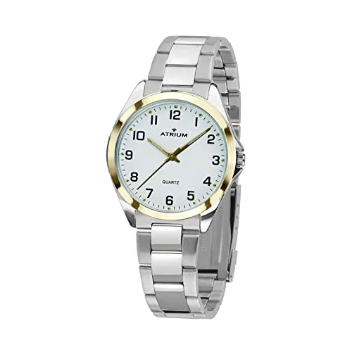 Atrium Damen Armbanduhr Klassisch Sehr Deutlich Analog Quarz mit Edelstahl Armband Silber Gold Bicolor 27 mm