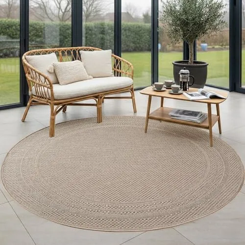 Carpettex Outdoor Teppich Rund 80 cm Beige, Wetterfest UV beständig, Balkon Teppich für Küche Flur Indoor Outdoor, Einfarbiges Design mit Bordüre Pflegeleicht robust für stark genutzte Bereiche