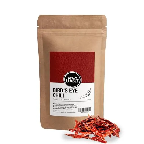 Spicy Welt Bird’s Eye Chili Ganz (250g) – Ganze Chilischoten für Thai Wok, Curry, Marinaden, Chiliöl, Pasta und Würzmischungen | Würzig, Pikant und Aromatisch | 100% Naturrein, Ohne Zusätze