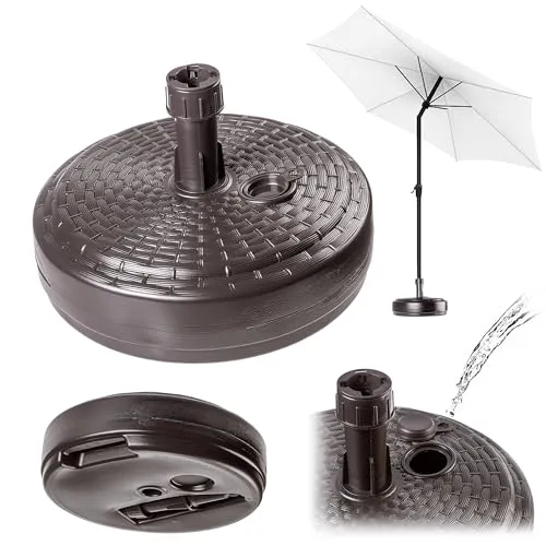 KADAX Sonnenschirmständer, Runder Schirmständer, Schirmhalter befüllbar mit Sand Wasser oder Kies, Ständer aus Kunststoff für Garten, Terrasse, Strand (Version 2 Rund, Braun)