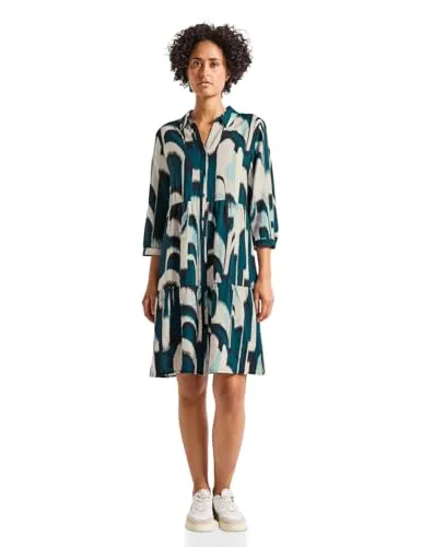 STREET ONE Damen Gemustertes Tunika-Kleid 1408794, Tide Blue, Größe 42 - Kleider für Damen - Knielanges Tunika-Kleid aus angenehm leichtem Viskosemix mit Volants und durchgehender Knopfleiste für einen stylishen Look.