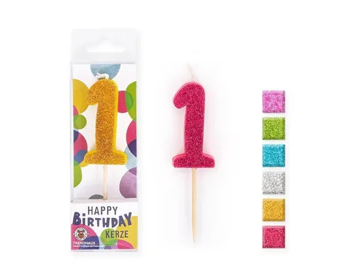 Trendhaus Geburtstagskerze BIRTHDAY FUN Zahlenkerze Glitter Mini 1, 6-fach sortiert