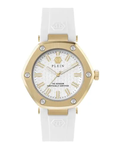 Philipp Plein Damen Uhr The Hexagon PW1BA0123 - Elegante Armbanduhr für Damen mit goldfarbenem Edelstahlgehäuse und silberfarbenem Zifferblatt. Das stilvolle Silikonarmband in Weiß sorgt für hohen Tragekomfort und einen modernen Look.