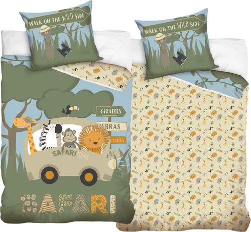 MTOnlinehandel Kinder Bettwäsche Set grün 135x200 cm - Safari Tiere - Bettwaren-Set für Kinder mit niedlichen Safari-Tier-Motiven, aus 100% hochwertiger Baumwolle für sanften Schlafkomfort. Ideal für eine beruhigende Atmosphäre im Kinderzimmer.