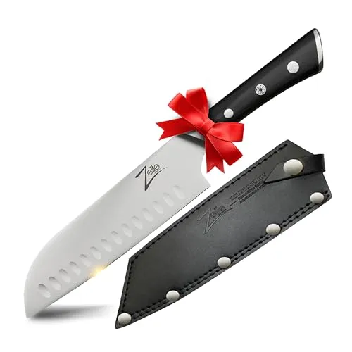Zelite Infinity Küchenmesser 18cm – Razor-Edge-Serie – aus Japanischem AUS-8 Hartstahl Edelstahl – Santoku Messer mit Pakkaholzgriff und Lederscheide