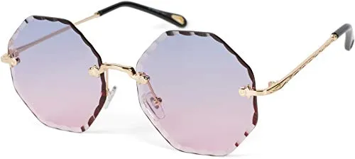 styleBREAKER Damen Runde Sonnenbrille Rahmenlos mit getönten Gläsern im Diamant Schliff, Geprägte Bügel, Vieleckige Gläser 09020118, Farbe:Gestell Gold/Glas Blau-Rosa Verlauf